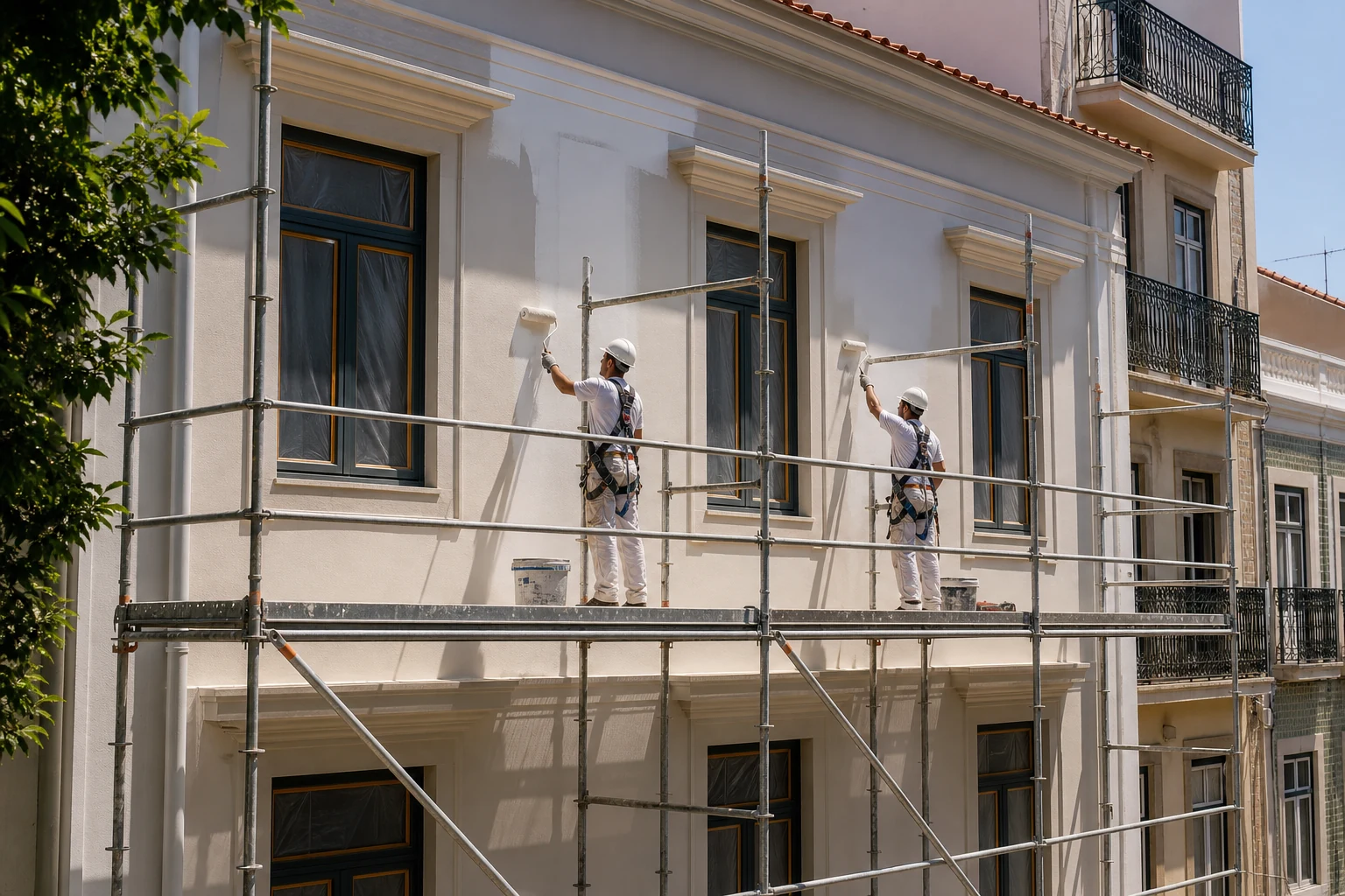 Profissionais a pintar e reabilitar a fachada de um edifício