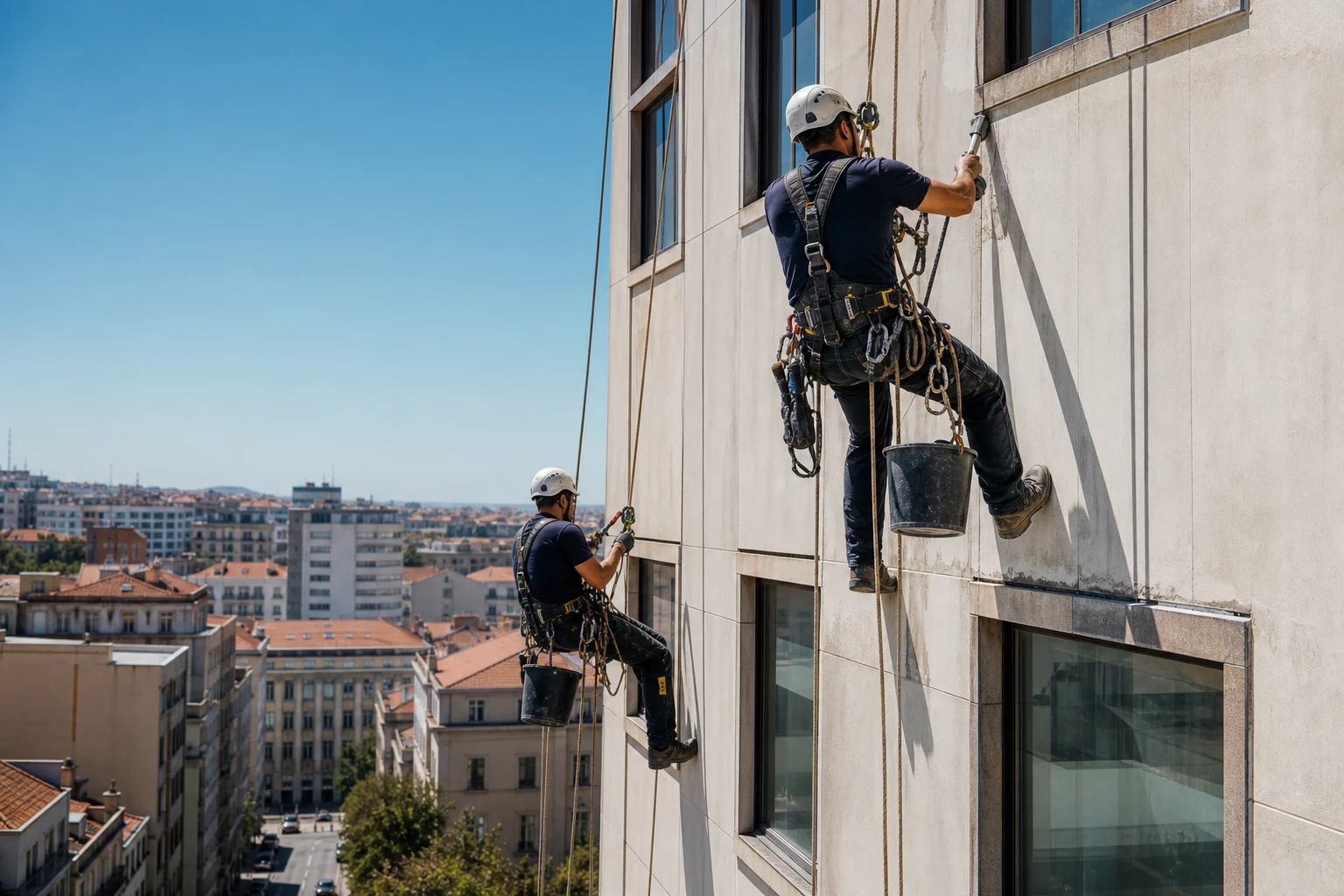 Técnicos a trabalhar suspensos por cordas numa fachada de edifício